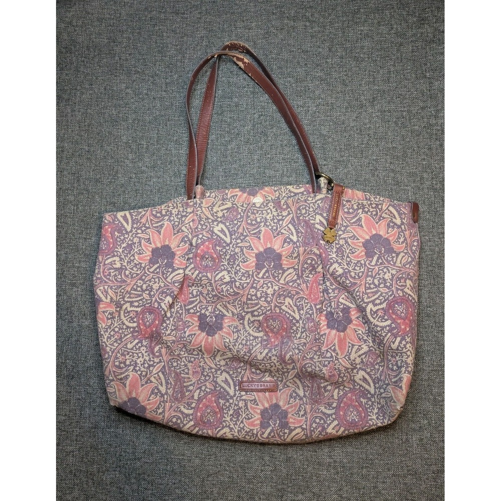 Lucky Brand Floral Print Canvas Purse Leather Strap Cute Tote Bag Large